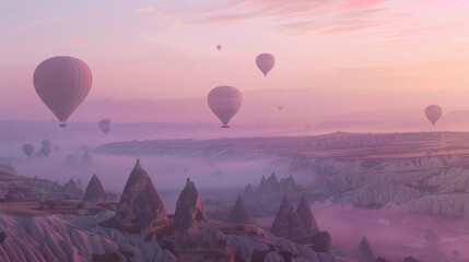 Majestic view of hot air balloons floating over a misty, rocky landscape during a vibrant sunrise