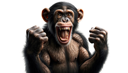 chimpanzee with fists raised in triumph, mouth wide open, against a white background. Exuberant Chimpanzee Cheering with Raised Fists