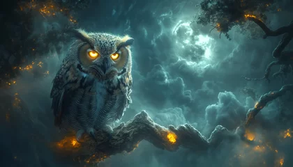 Poster An owl sitting on a twisted branch, surrounded by deep shadows. Large glowing eyes staring directly into the center. Moonlight and dark clouds giving a darkness atmosphere © Kyrtap_Studio