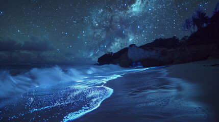 The cosmos unfold over vibrant bioluminescent waves crashing onto a beach in a dance of natural light