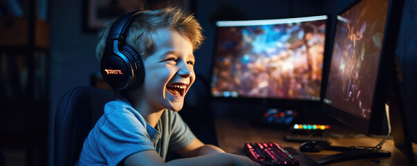 Happy boy is excited playing games on computer. Playing PC games concept - obrazy, fototapety, plakaty