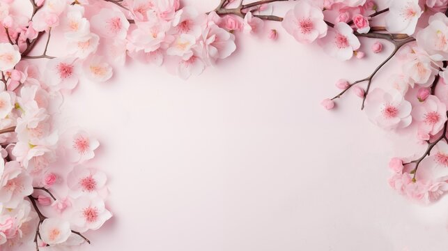 Featuring pink cherry blossoms arranged in a frame on a paper background, creating a delicate and elegant composition of natural beauty.
