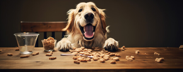 Happy dog is enjoying his food - obrazy, fototapety, plakaty