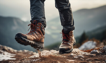 Close up photo of hiker boots on mountains during hiking.