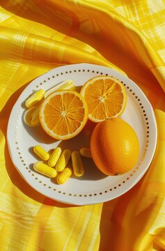 vitamin c pills and orange on a plate