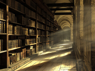 The interaction of light and architecture emphasizes history and knowledge in this timeless library - obrazy, fototapety, plakaty
