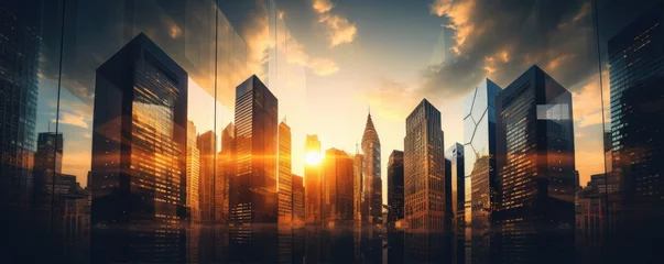Foto op Plexiglas Skyscrapers in futuristic city with sunrise. © Filip