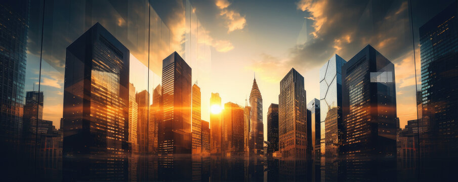 Skyscrapers in futuristic city with sunrise.
