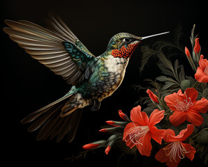 Obraz premium Ruby-Throated Humming Bird Flying Near Red Flowers, Dark Background Three-Dimensional Animal Art Portrait Illustration