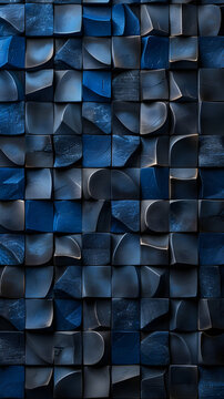 Close up shot of a symmetrical patterned blue and black tile wall