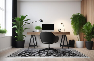 Modern stylish office interior with a table, computer and chair. Home work place interior 