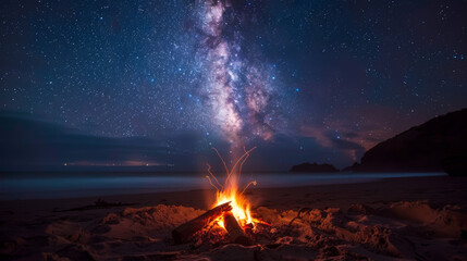 An inviting campfire crackles under a dramatic night sky filled with the Milky Way's radiant galaxy