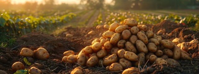 a pile of potatoes in a field - obrazy, fototapety, plakaty