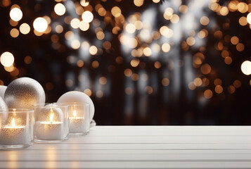 Empty white wooden board with candles, Christmas balls on holiday background with golden bokeh....
