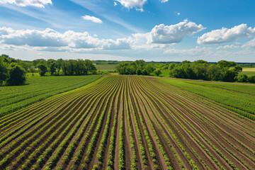 A Vast Green Agricultural Field Under a Clear Blue Sky, Sunshine Illuminating the Crops
