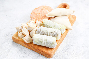 Raw semi finished frozen products, meals.