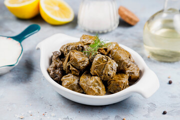 Dolma - stuffed grape leaves with rice and meat.