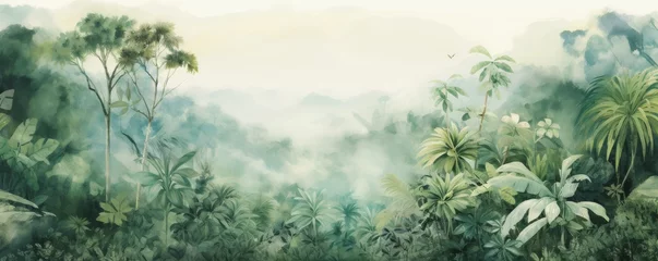 Zelfklevend Fotobehang Watercolor pattern wallpaper. Painting of a flowers and misty mountains jungle landscape.   © Natawut