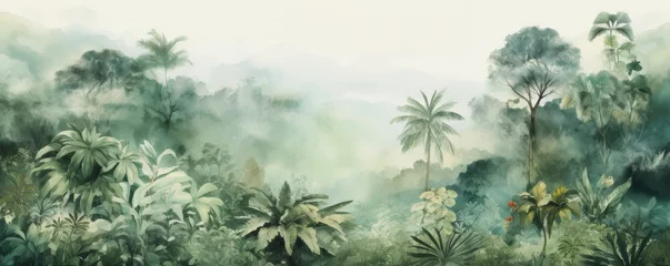 Foto op Plexiglas Watercolor pattern wallpaper. Painting of a flowers and misty mountains jungle landscape.   © Natawut