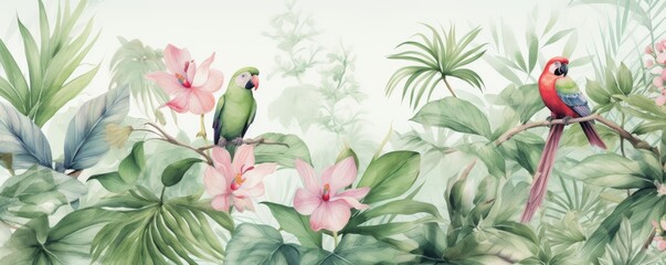 Watercolor pattern wallpaper. Painting of a flowers and Macaw Parrot bird jungle landscape