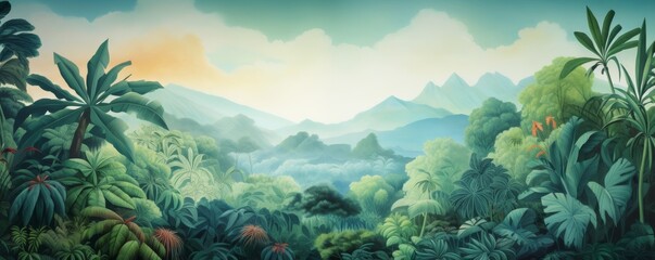 Watercolor pattern wallpaper. Painting of a flowers amazon jungle landscape.