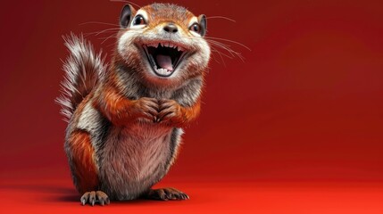 Excited squirrel with fluffy tail and open mouth on red background. - obrazy, fototapety, plakaty