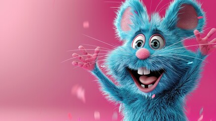 Joyful blue furry creature with pink details in a festive mood.