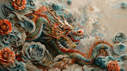 Fototapeta premium 3D illustration of chinese dragon wall.