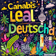 Vibrant graphics merging cannabis motives with famous Berlin landmarks and German legalization phrases