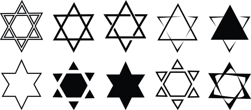Star David icon set. The Star of David (Magen David in Hebrew, Shield of David, Solomon's Seal is a generally recognized symbol of Judaism and Jewish identity. Geometrically it is a hexagram Abstract.