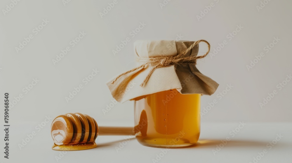 Wall mural jar of Natural honey alongside a wooden honey dipper. jar with honey table with copy space - Wall murals