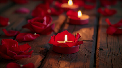 Romantic background candles with red rose petals on wooden parquet