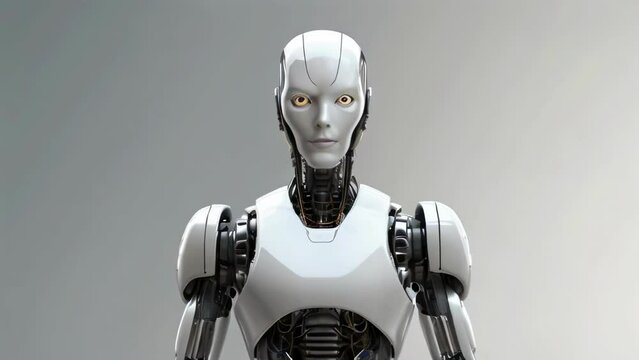 Humanoid robot with glowing red eyes. Futuristic artificial intelligence concept for technology and robotics design. Modern white android. Bot. Plain light background. Motion