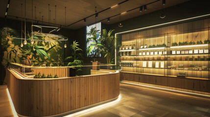 This image shows a stylish interior of a cannabis dispensary with wooden counters and modern design aesthetics - obrazy, fototapety, plakaty