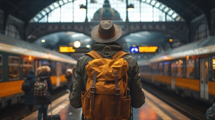 a person with a backpack in a train station