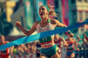 A happy, joyful young female athlete at the stadium is the first to cross the finish line with a blue ribbon at the international Sports Games - obrazy, fototapety, plakaty