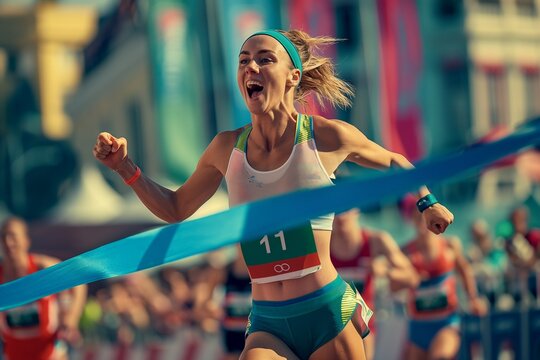 A happy, joyful young female athlete at the stadium is the first to cross the finish line with a blue ribbon at the international Sports Games