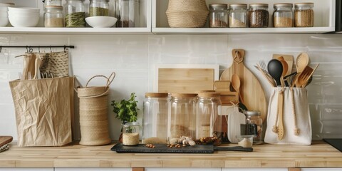 Fototapeta na wymiar A contemporary eco-friendly kitchen setup with reusable storage items, glass jars, and sustainable utensils on wooden countertops