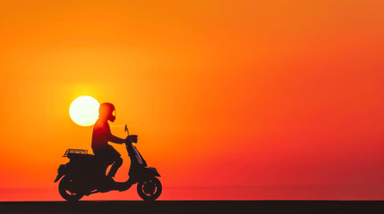 Person rides a scooter against a vibrant orange sunset background - obrazy, fototapety, plakaty