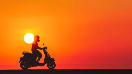 Gordijnen Person rides a scooter against a vibrant orange sunset background © edojob