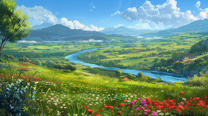 landscape with mountains and lake with beautiful flowers