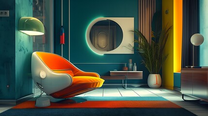 a futuristic reinterpretation of the retro living room, incorporating advanced technology and modern