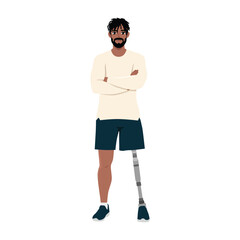 Fototapeta premium Disabled man with a prosthetic leg crossed arms. Flat vector illustration isolated on white background
