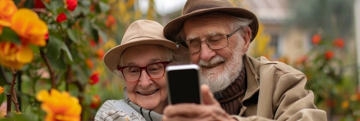Joyful elderly couple taking a selfie surrounded by vibrant flowers in a blooming garden