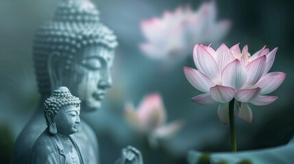 Buddha and lotus flower with soft glow with a copyspace