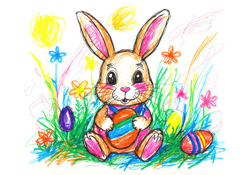 easter bunny with eggs kids hand drawn illustration