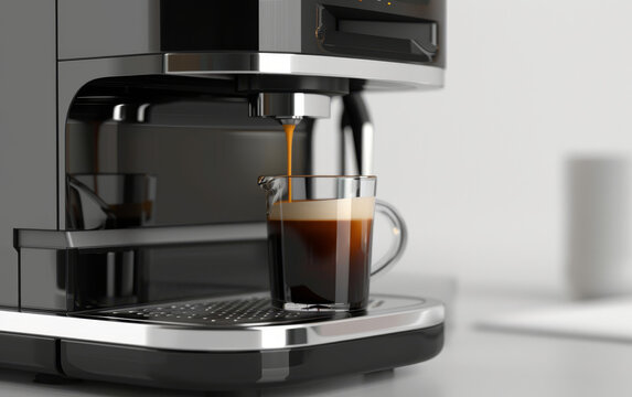 Modern espresso machine pouring coffee into two cups, elegant design with digital display, on kitchen.