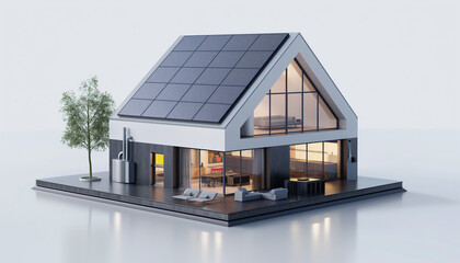mini villa moderna lussuosa con impianto fotovoltaico - obrazy, fototapety, plakaty