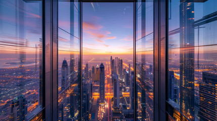 The radiant orange hues of sunset viewed through the geometric lines of a skyscraper's reflective glass
