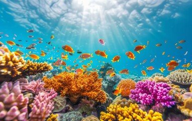 A colorful coral reef teeming with various fish swimming around the coral formations.